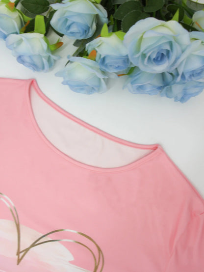 Plus size women's new pink heart-shaped elegant printed T-shirt   spring and summer leisure round neck short sleeve top