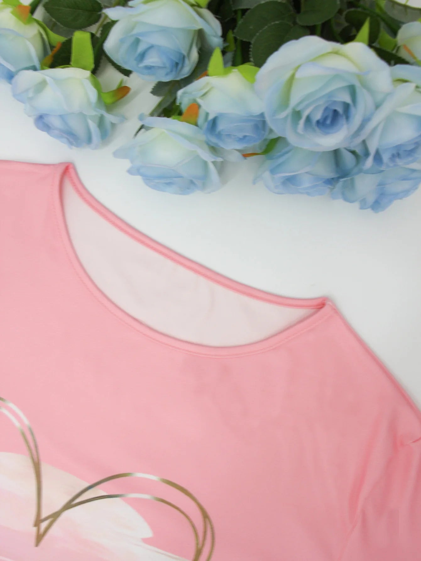 Plus size women's new pink heart-shaped elegant printed T-shirt   spring and summer leisure round neck short sleeve top