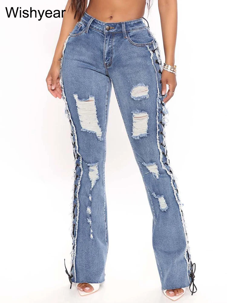 Women's Slim Fit Ripped Denim Jeans High Stretch Blue Pants Eyelet Lace Detail Streetwear Cowboy Style Y2K Flattering Bottoms