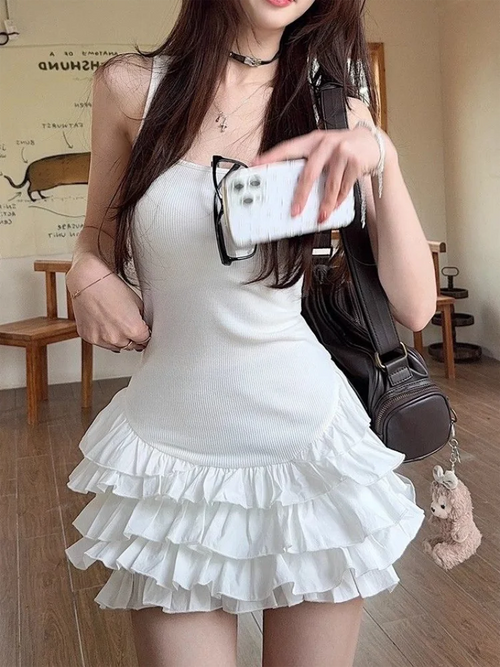 Sexy U-Neck Sleeveless Mini Dresses Fashion Women Summer New White Solid Y2K Ruffle Pleated Cake Bodycon Casual Party Vestidos