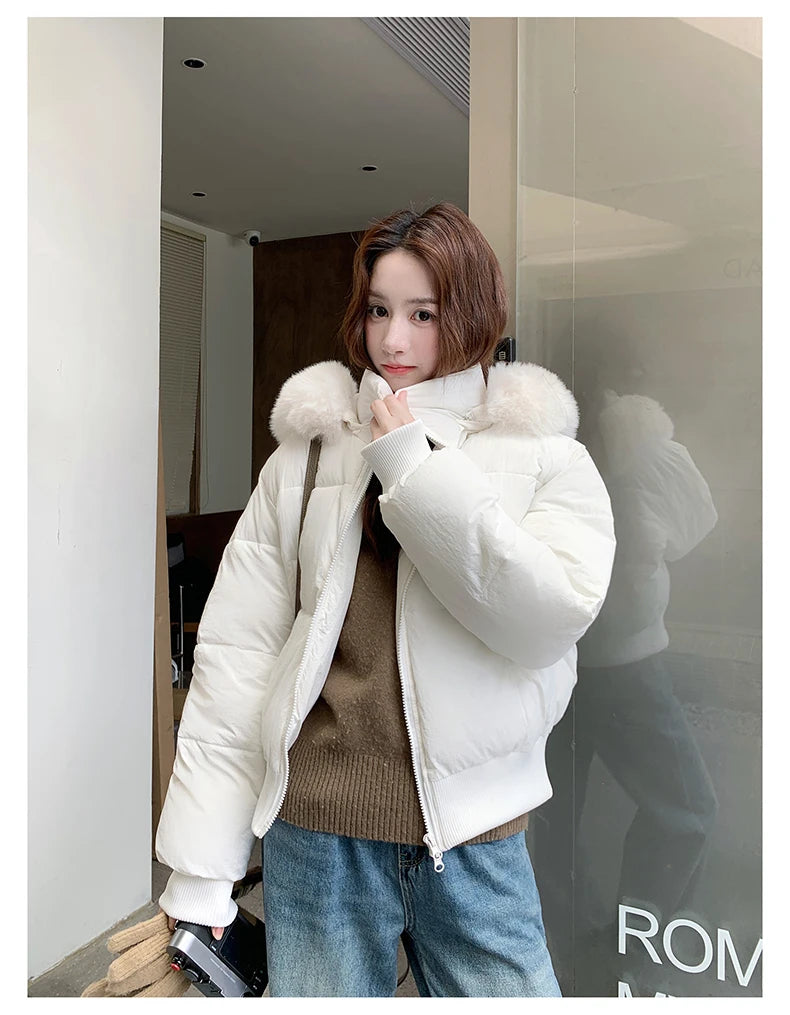Casual Warm Fur Hooded Cropped Parkas Chic Streetwear Korean Style Down Cotton Coat Thicken Short Women's Winter 2025 Jacket