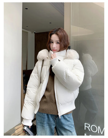 Casual Warm Fur Hooded Cropped Parkas Chic Streetwear Korean Style Down Cotton Coat Thicken Short Women's Winter 2025 Jacket