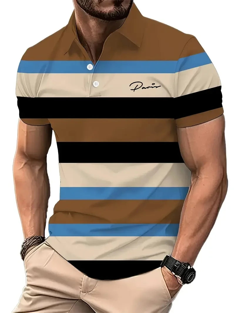 Classic Men's Polo Shirt With Striped Graphic Print Outdoor Casual Short Sleeve Button Top Male Oversized Clothing Golf Polo