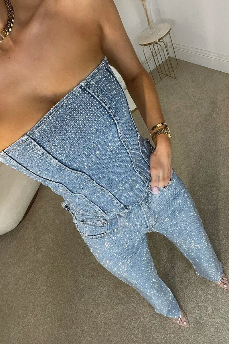 Denim Pant Set Women Two Piece Sets Sexy Strapless Sleeveless Tops Long Pants High Waist Y2k Streetwear Elegant Work 2025/2026