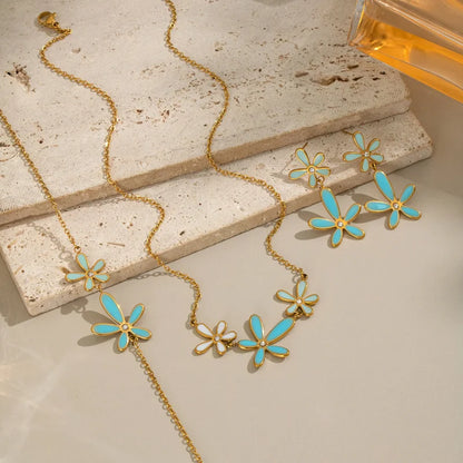 Cute Dopamine White Blue Oil Drop Diamond Flower Necklace 18K Gold-plated Stainless Steel Jewelry Set for Women Wholesale