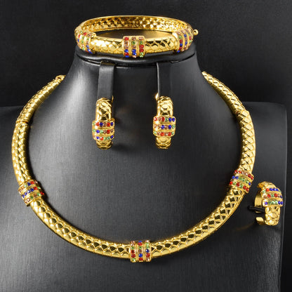 Luxury 18k Gold-Plated Women's Jewelry 4-Piece Round Necklace Bracelet Earrings Ring Gold Classic Dubai Wedding Gift