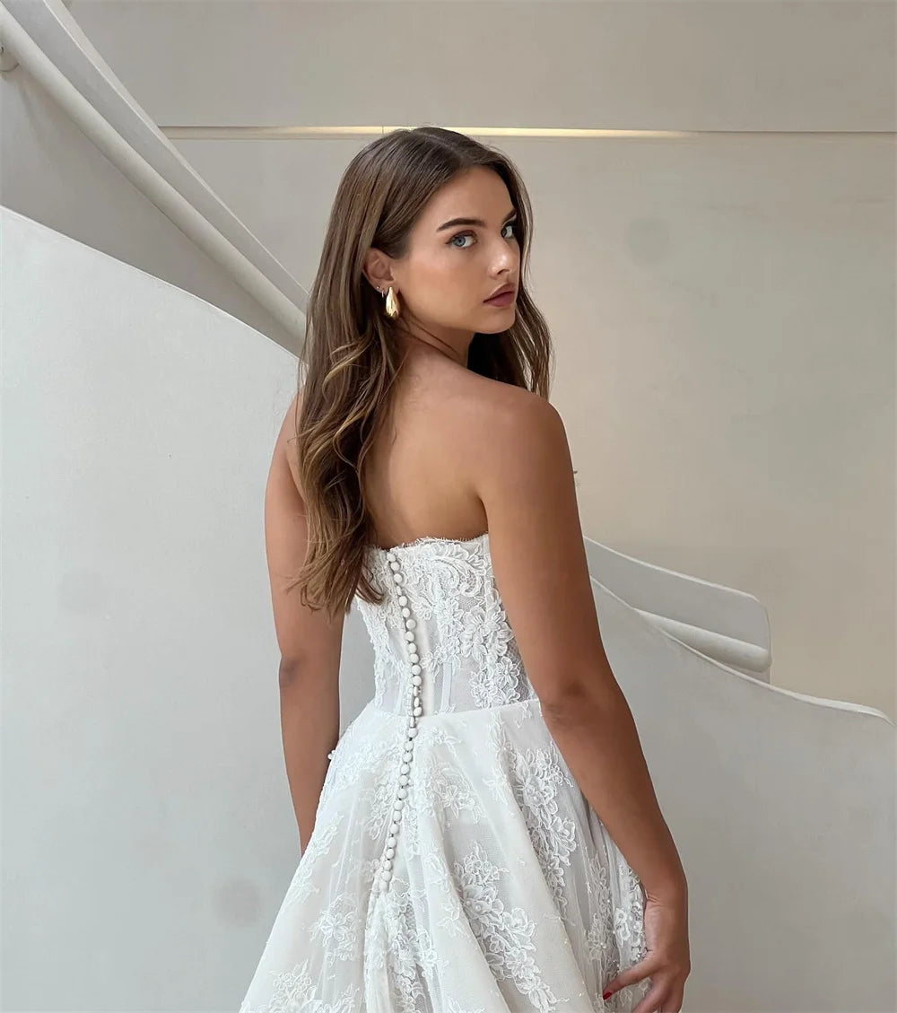 Kyoto Customized Ivory Lace Appliques Sleeveless Wedding Dress A-line Button Back vestidos de novia Chapel Train Evening Dresses