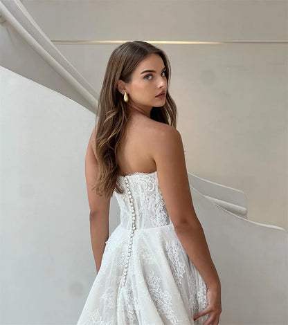 Kyoto Customized Ivory Lace Appliques Sleeveless Wedding Dress A-line Button Back vestidos de novia Chapel Train Evening Dresses