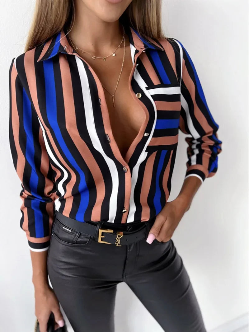 Women Geometric Print Shirt, Spring and Autumn Fashion Long-sleeved Shirts, Camisa Girls Chemise Size S M L XL XXL