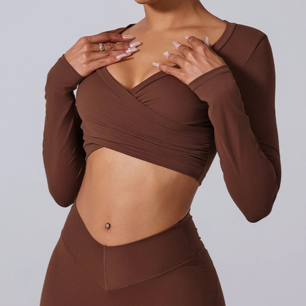 2 Pieces Wrap Front Gym Fitness Suit Women Long Sleeve Legging Workout Yoga Set Sports Bra Short Sports Clothes Tracksuit Female