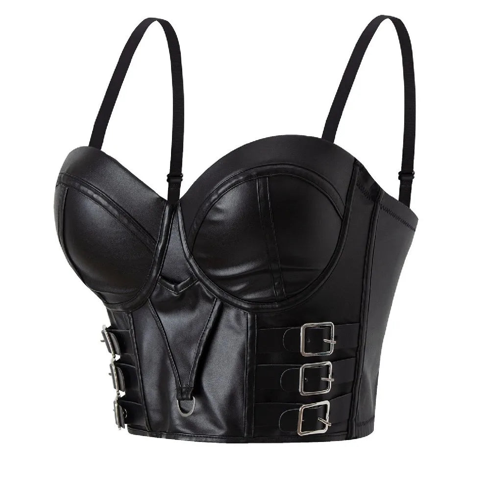 Stylish Wowen PU Leather Corset Imitation Leather Festival Clothing Bustier Lady Cropped Top Girls Punk Rock Club Party Camis
