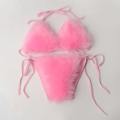 Summer Women Fake Fox Fur Sexy Halter Solid Color Bikini Set Swimsuits Triangle Sexy Bikini Set Faux Fur Swimsuit Plush Swimwear
