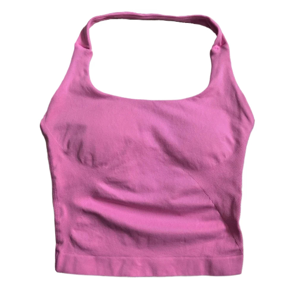 Gym Top Women Clothes Strappy Workout Tank Top Padded Sports Bra Backless Yoga Shirts Seamless Gym Crop Top Halter Fitness Vest