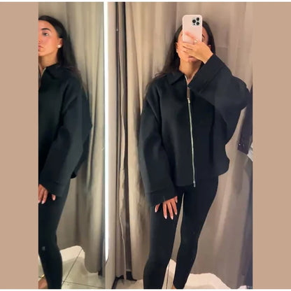 Woolen Zipper Loose Short Jacket Women Long Sleeve Lapel Solid 2025 Autumn Winter Commute Coat Street Office Warm Ladies Outwear