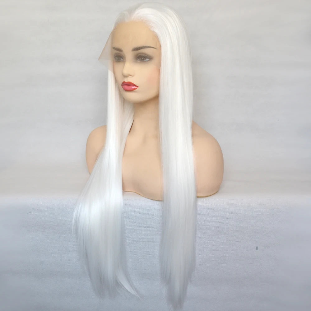 Voguequeen Platinum Blonde Synthetic Lace Front Wigs Silky Straight Heat Resistant Fiber Daily Wear For Women