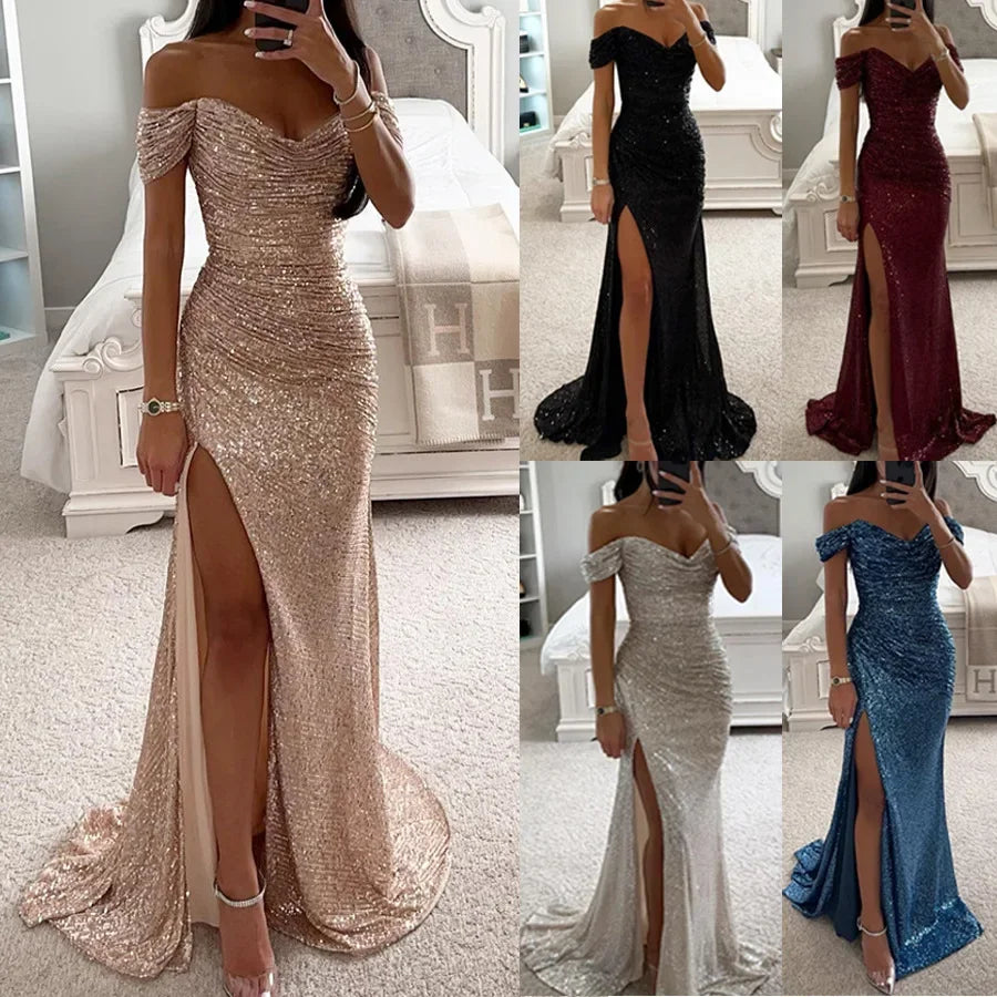 Women's S-XL Size New Party Sequins One line Neck Split Dress INS Casual Versatile Fashionable Charming Slimming Dress for Women