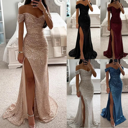 Women's S-XL Size New Party Sequins One line Neck Split Dress INS Casual Versatile Fashionable Charming Slimming Dress for Women