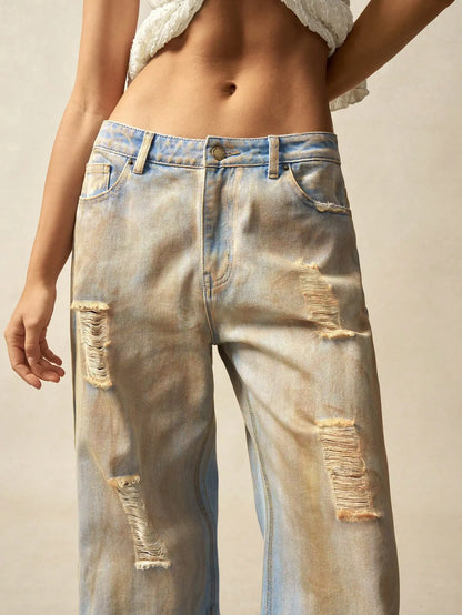 American style high end streetwear style faded holey denim women's pants 2025 new collection