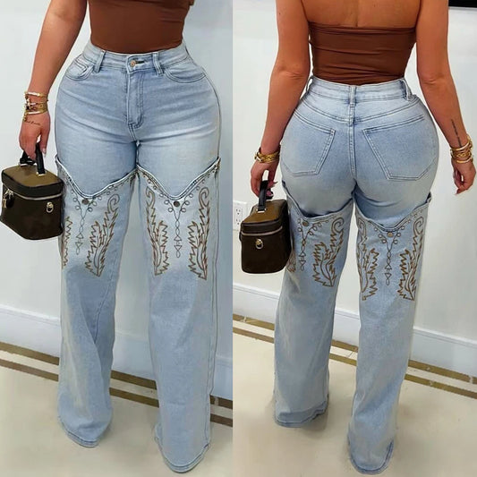 2025 & 2026 Summer Fashion Woman Vintage Embroidery Denim Trousers Casual High Waist Straight Leg Jeans Women Street Clothes Jean Pants