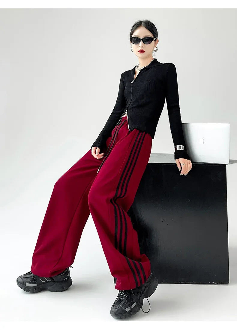 Black Striped Sports Pants Women's Spring Autumn Wide Leg Casual Loose High Waist Straight Leg Sweatpants