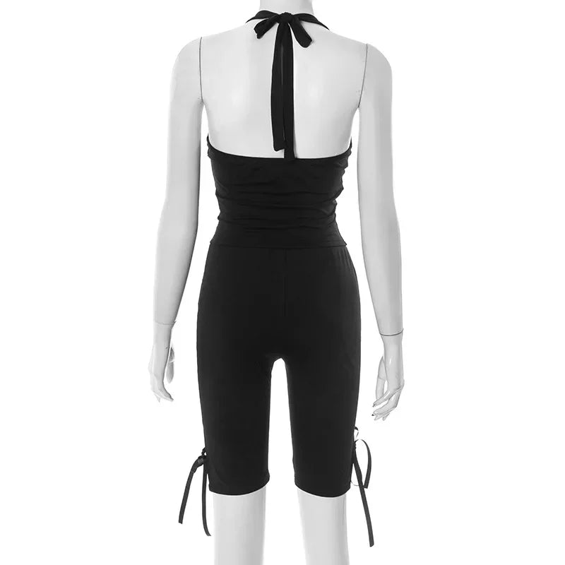 Women Solid Sexy 2 Piece Set Summer Tracksuits Lace Up Halter Backless Tank Crop Tops + Skinny Knee Length Pants Fitness Suits