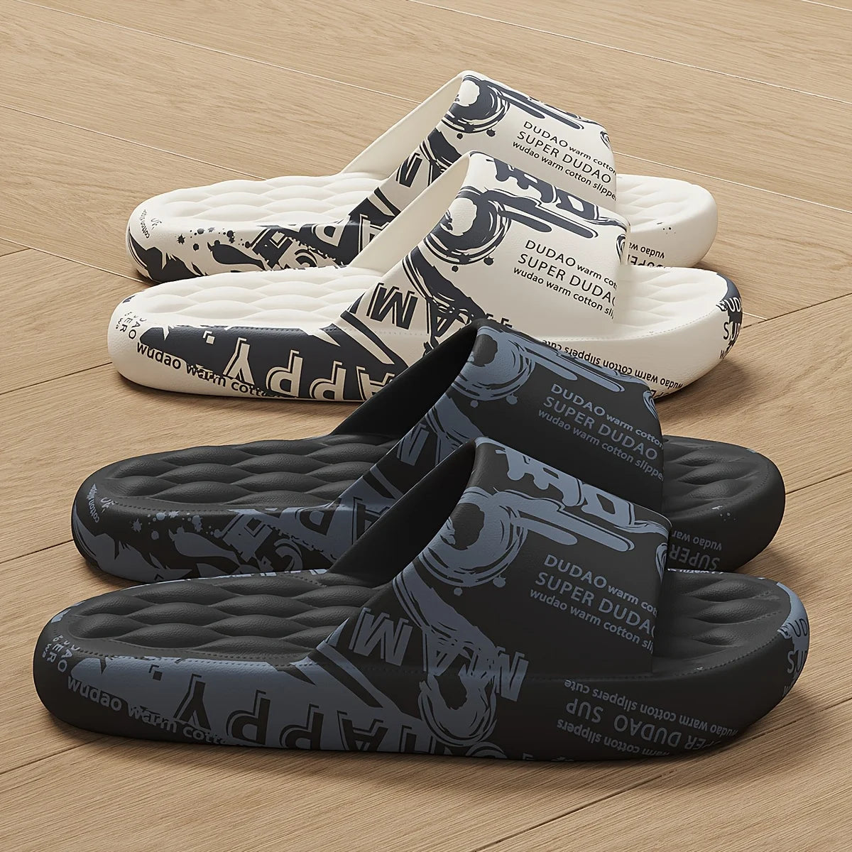 Plus Size 48 Graffiti Bear Printing Men Slippers Sole EVA Indoor Open Toe Flip Flops Beach Slides Flat Sandals Slide