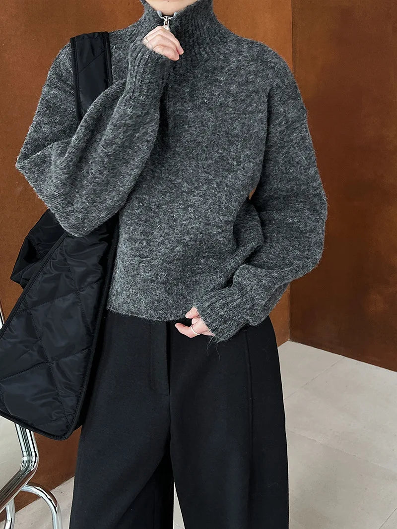 2026 Women Turn Down Collar Sweater Long Sleeve Zipper Design Warm Cardigans Clothes Tops For Women Winter Sweater Pull Femme