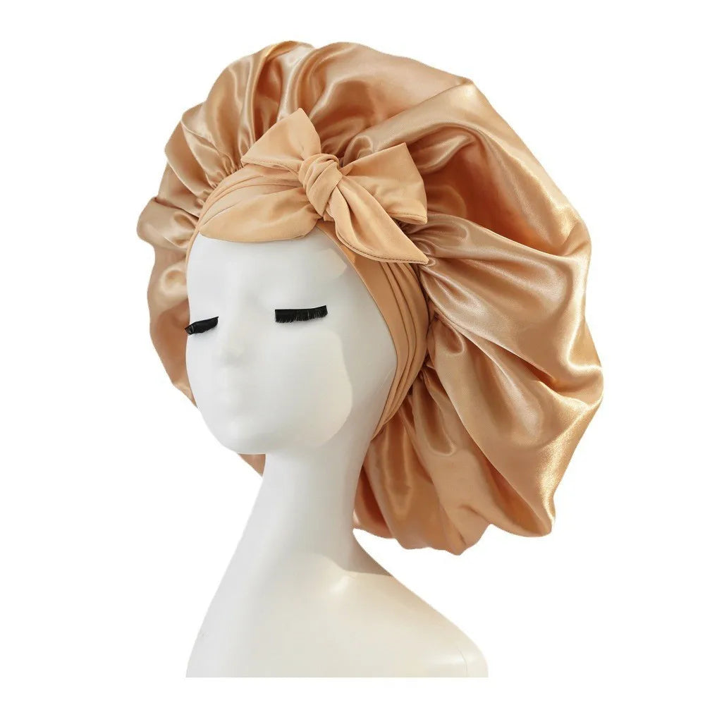 Women Satin Tie Bonnet Spandex Wide Stretchy Band Long Tail Satin Cheveux Nuit Silk Sleeping Night Cap Bonnets for Women