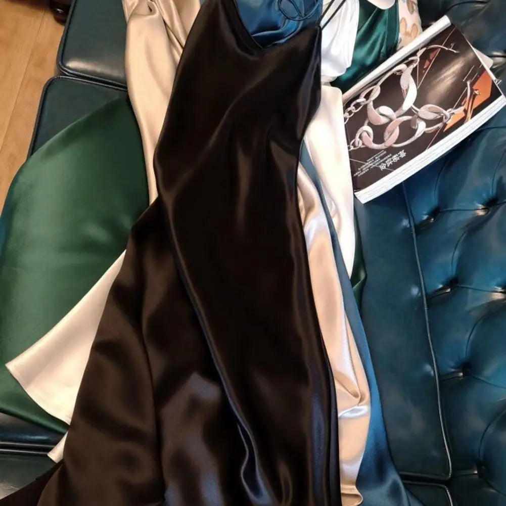 Summer dress with silk satin V-neck women's suspender skirt, wide and relaxed swing, backless lace up dance party