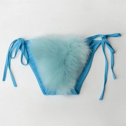 Summer Women Fake Fox Fur Sexy Halter Solid Color Bikini Set Swimsuits Triangle Sexy Bikini Set Faux Fur Swimsuit Plush Swimwear