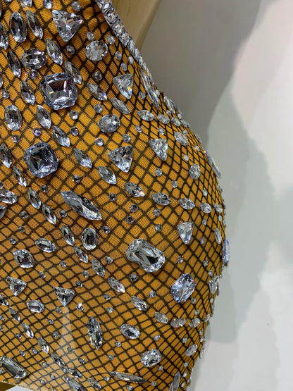 Sexy Sparkly Diamond Backless Short Dress 2025 Women Sleeveless Mesh See Through Evening Birthday Gown Singer Stage Outfit