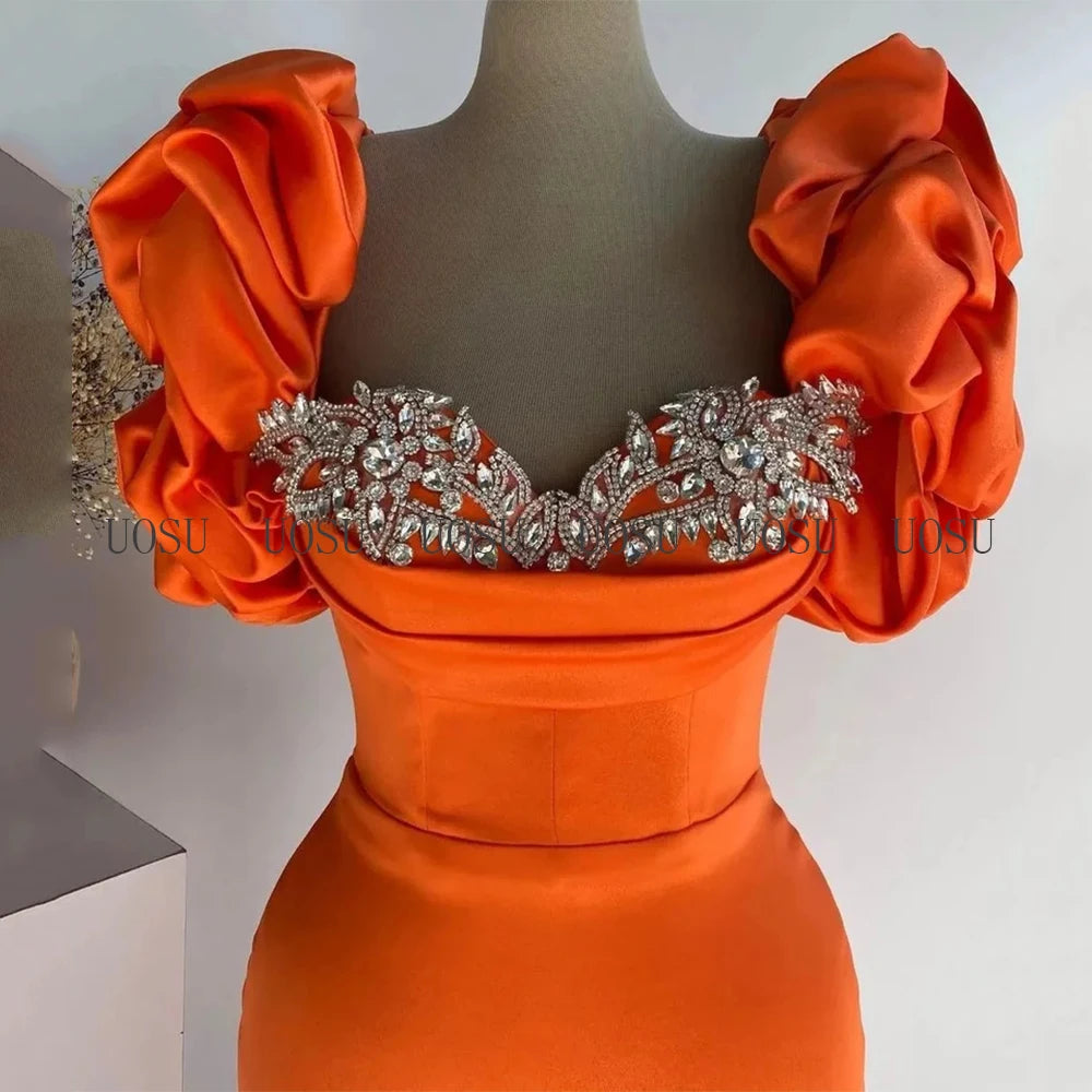 2025&2026 Prom Dress Mermaid Puff Sleeves Women's Formal Party Dresses Long Sweetheart Luxury Crystal Orange Satin Evening Gowns