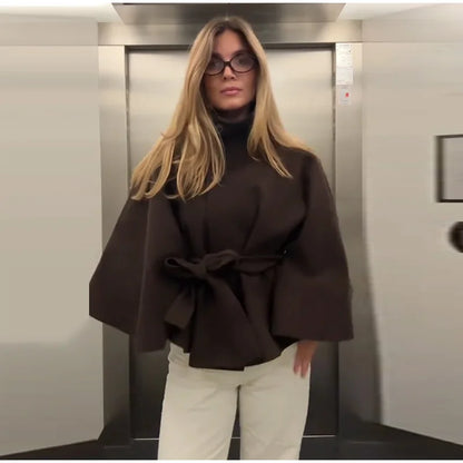 Elegant Fleece Women's Coats Solid Stand Long Sleeve Belted Lace-Up Button Jackets 2025 Autumn Winter Outerwear Female Tops