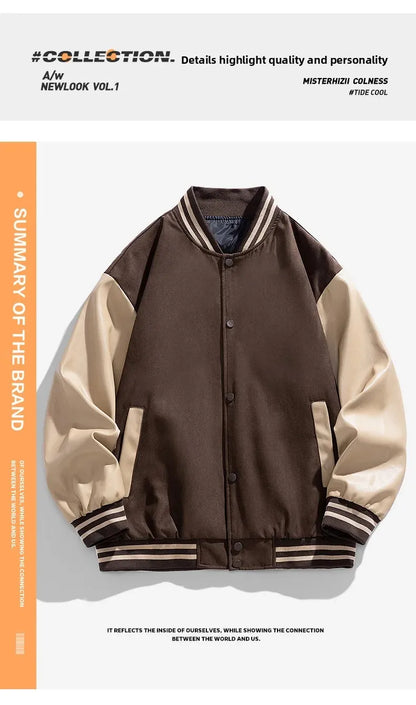 American Retro Suede Baseball Jacket Men's Spring Autumn Casual Leather Sleeve Outerwear JK819 Public Version Couple's Style