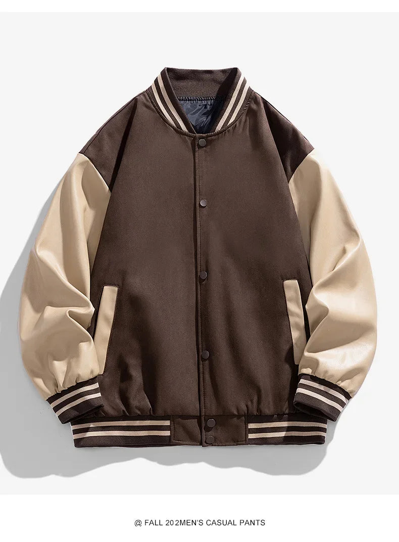 American Retro Suede Baseball Jacket Men's Spring Autumn Casual Leather Sleeve Outerwear JK819 Public Version Couple's Style