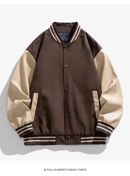 American Retro Suede Baseball Jacket Men's Spring Autumn Casual Leather Sleeve Outerwear JK819 Public Version Couple's Style