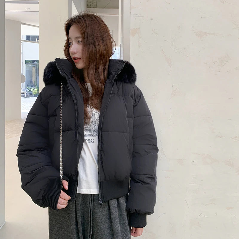 Casual Warm Fur Hooded Cropped Parkas Chic Streetwear Korean Style Down Cotton Coat Thicken Short Women's Winter 2025 Jacket