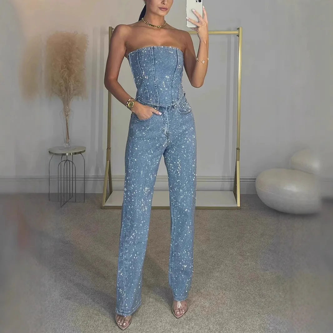 Denim Pant Set Women Two Piece Sets Sexy Strapless Sleeveless Tops Long Pants High Waist Y2k Streetwear Elegant Work 2025/2026
