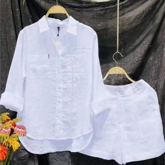 Summer Cotton Linen Casual Home 2 Piece Set For Women 2026 Fashion White Long Sleeve Shirt And Shorts Two Piece Sets Tracksuit