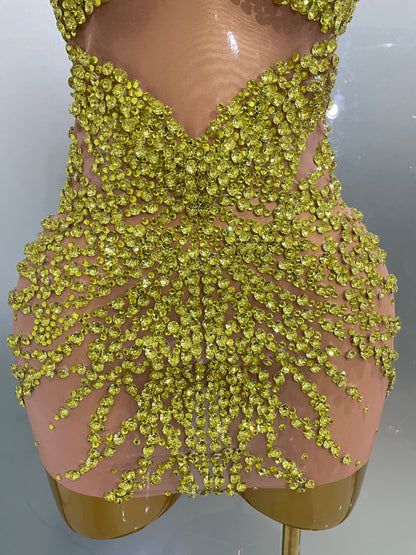 STOCK Sparkly Rhinestones Sexy Mesh See Through Dress Party Evening Prom Celebrate Birthday Dress Singer Dancer Show Stage Wear