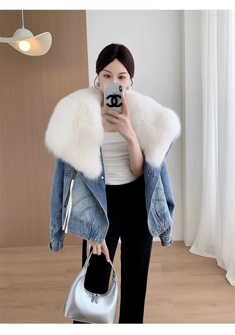 Womens Coats Spring New 100%Natural Real Fox Fur Collar Fashion Short Denim Jacket Luxury Goose Down Puffer Jackets Clothing