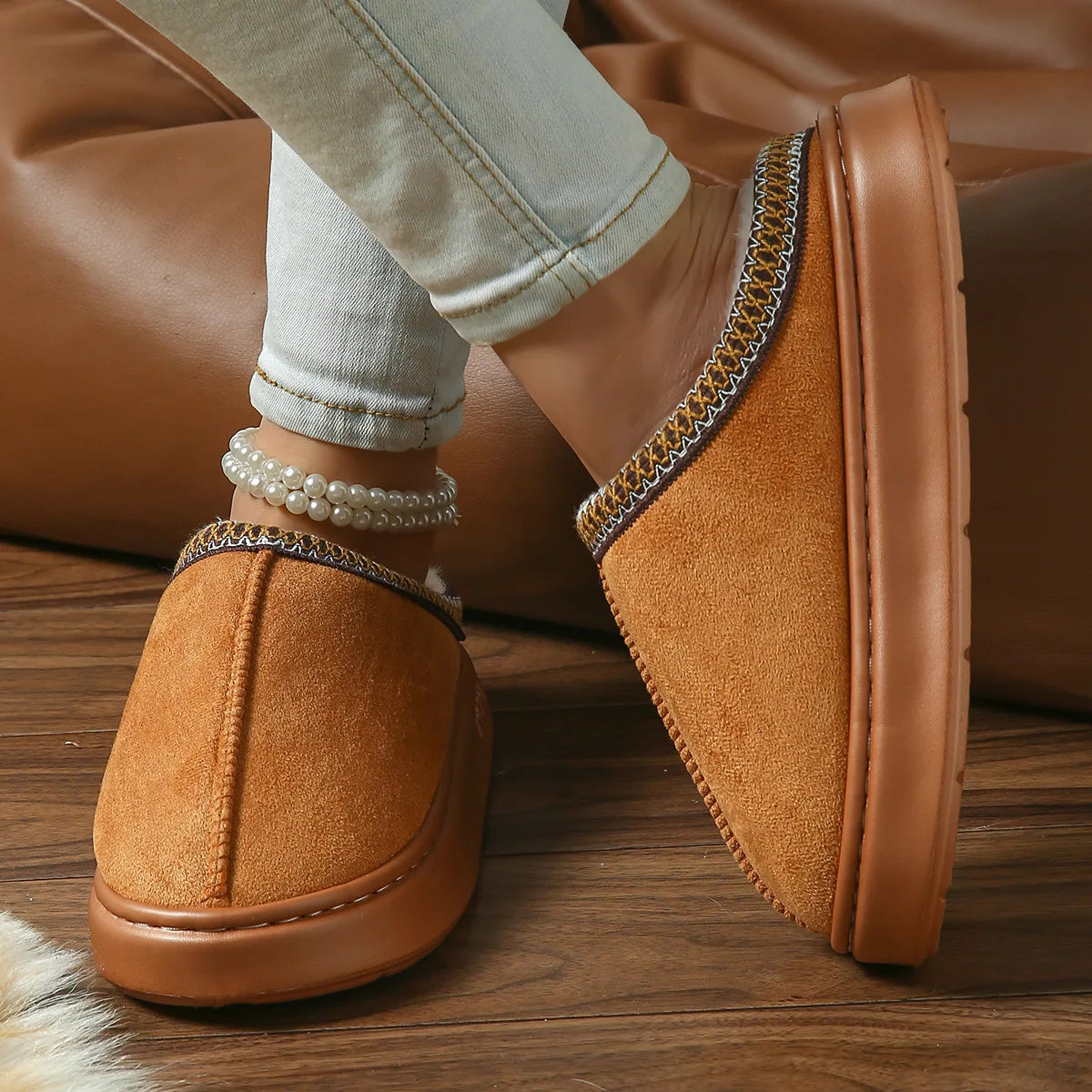 Pantoufles D'hiver Chaudes Pour Femmes, Intérieur En Peluche, Semelle Épaisse Antidérapante, Chaussures De Maison Chaudes Brodée