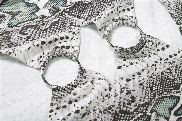 Nibber Hipster Maxi Dress Sexy Snakeskin Print Women Chest Hollow Metal Ring Turtleneck Peach Hip Street Stretch Skinny Vestidos