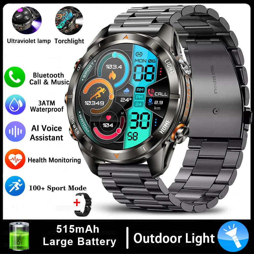New Outdoor Sport Smart Watch Men 1.46" AMOLED Screen LED Flashlight 515mAh Battery 10ATM Waterproof Bluetooth Call Smartwatch