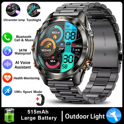 New Outdoor Sport Smart Watch Men 1.46" AMOLED Screen LED Flashlight 515mAh Battery 10ATM Waterproof Bluetooth Call Smartwatch