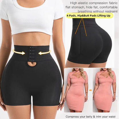 Women's Padded Butt Lifter Body Shaper with 4 Sponge Pads Tummy Control Shapewear Panties with Waist Cincher and Hook Closure