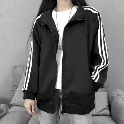 Spring Autumn New Three Bars Jacket Women's Thin Baseball Style Loose Bf Trendy Black Coat for Students Casual Outerwear