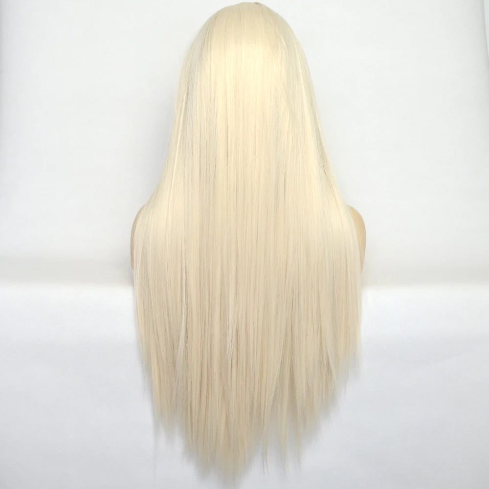 Voguequeen Platinum Blonde Synthetic Lace Front Wigs Silky Straight Heat Resistant Fiber Daily Wear For Women