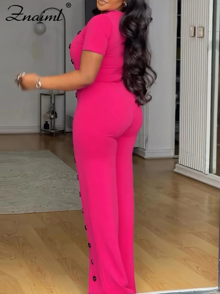 Znaiml Women Elegant Long Jumpsuits for Party Summer Short Sleeve Buttons Solid Color Wide Leg Pants Rompers One Pieces Overalls