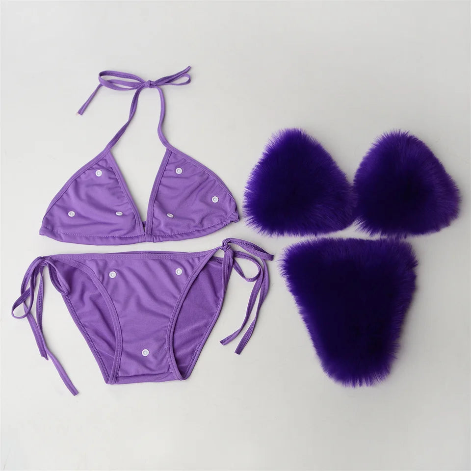 Summer Women Fake Fox Fur Sexy Halter Solid Color Bikini Set Swimsuits Triangle Sexy Bikini Set Faux Fur Swimsuit Plush Swimwear